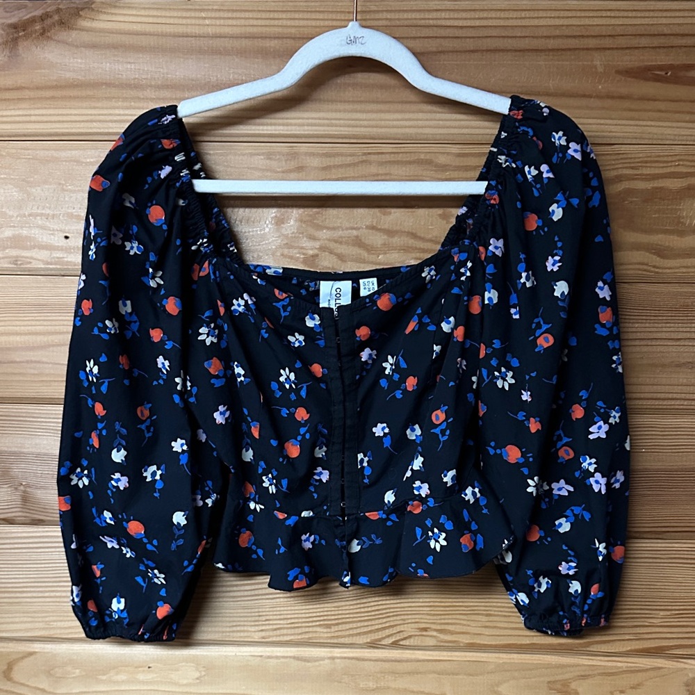Collusion Black Floral Blouse with Red and Blue Accents Crop Top Size 6
